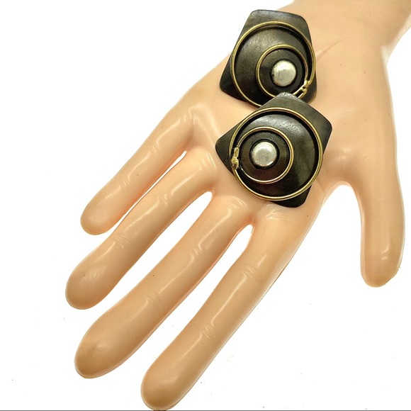 Modernist Geometric Trapezoid Earrings - Mixed Metals Textured Vintage Jewelry - Picture 10 of 12